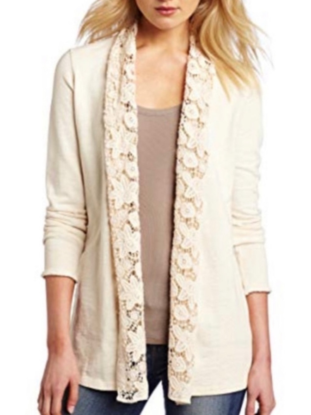 Lucky Brand Cream Lace Trim Open Front Long Cardigan SZ XS